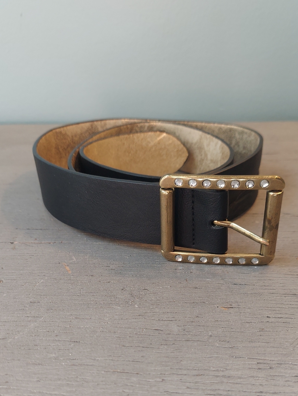 Betsey Johnson Black Belt Rhinestone Gold Buckle Size L